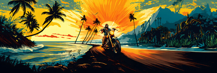 Biker on motorcycle riding on sunset beach