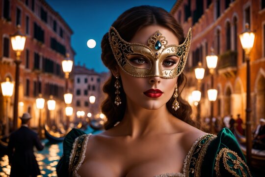 Maskierte Eleganz: Frau mit Augenmaske und kostümiert beim Karneval in Venedig.