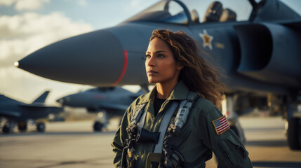 Smiling confident woman posing with her airplane in the hangar before departure, aviation and light aircrafts concept