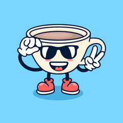 cute brown cup cartoon wearing glasses and greeting peace