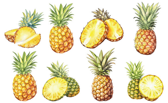 Collection of Pineapple Watercolor Vector Illustration
