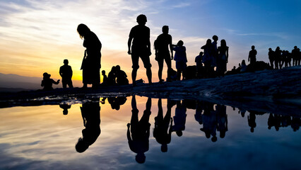 Silhouettes of people are reflected in the water and the crowded group watches the sunset. - obrazy, fototapety, plakaty