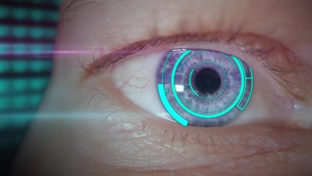 Biometric eye scanner identifying person, eye retina identification scan concept