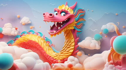 Chinese new year Festival cute 3D dragon cartoon, AI generated - obrazy, fototapety, plakaty