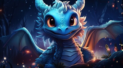 Cute Dragon in the wonderland forest at night, Chinese new year, AI generated - obrazy, fototapety, plakaty