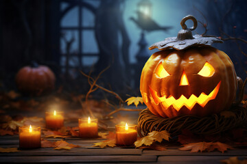 Fototapeta premium Large pumpkin with glowing eyes and mouth on a blurred background in a scary foggy park with dark trees and burning candles, Halloween holiday conceptSkeletons Amidst Pumpkin Glow