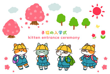 Obraz na płótnie Canvas 小学生の姿をした子猫の入学式イラストセット