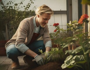 AI illustration of a Caucasian male with blonde hair tending to a garden.