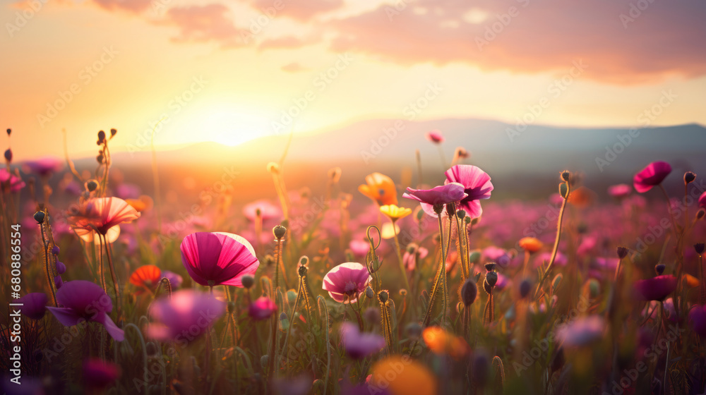 Wall mural Field full of autumn flowers at sunrise