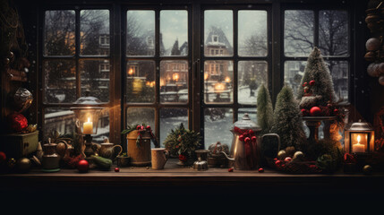 Obraz na płótnie Canvas Festive Christmas. Windowsill