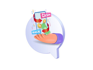 A cartoon hand is holding a smartphone. Cash and financial
 payments refund service, cash back.
Vector illustration, cartoon character, 3d.