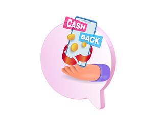 A cartoon hand is holding a smartphone. Cash and financial
 payments refund service, cash back.
Vector illustration, cartoon character, 3d.