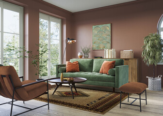 Interior design of modern apartment in pastel blush color with arch window beautiful decor. Interior mockup, 3d render