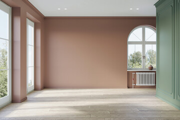 Interior design of empty modern apartment in pastel blush color. Interior mockup, 3d rendering 
