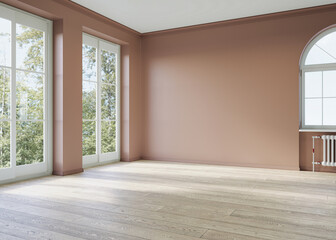 Interior design of empty modern apartment in pastel blush color. Interior mockup, 3d rendering 
