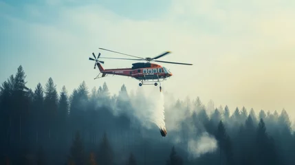 Selbstklebende Fototapeten Fire fighting helicopter carry water bucket over the forest © standret