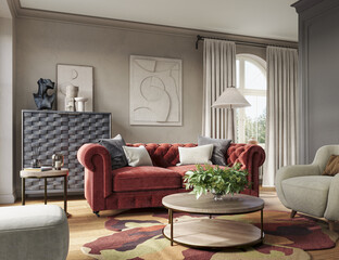 Contemporary home apartment with red Manchester sofa in cozy living room interior. Gray walls and arch window. 3d render 