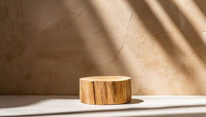 Wooden product stand on the background of a wall. For product showing