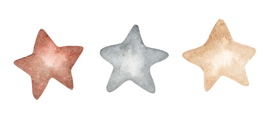 Watercolor boho beige stars set. Hand drawn watercolor illustration isolated on white background. For design, nursery, decor, stickers