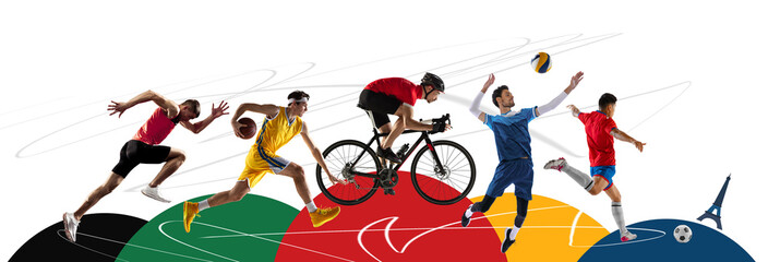 Modern collage of different professional sportsman in motion isolated abstract colorful geometry, creative background.