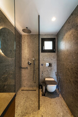 Modern bathroom interior design featuring greish-brown wall tiles. Glass separation elegantly divides the toilet from the contemporary rain shower, creating a sleek and stylish space