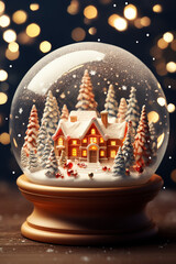 Magical snow globe with Christmas decorations.  Aesthetic snow globe ball snowflakes with pine trees. Generative AI