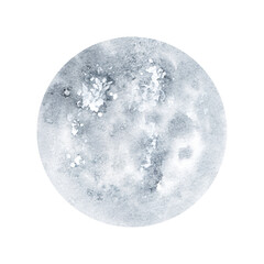 Moon. Watercolor illustration on white. Abstract grey planet. Hand drawn illustration on white background. For design, decoration, interior, stickers.