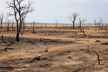 Lifeless dry land anf trees of cut down and burnt rainforest. Environmental disaster for wildlife.