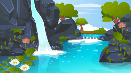 Waterfall cascade at summer nature landscape. tropical oasis with lush greenery and cascading waterfall, cartoon vector illustration.