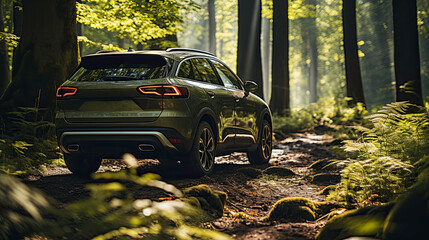 Green SUV parked in sunlit forest with mossy ground - Powered by Adobe