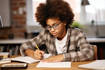 An African American teenager boy in eyeglasses does her homework at the table at home. He writes down solutions of tasks in her notebook. - obrazy, fototapety, plakaty