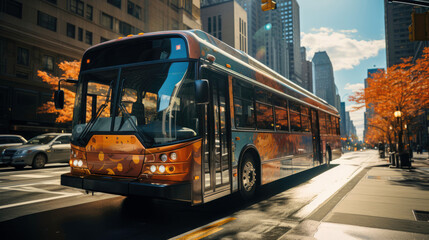 Modern colorful bus speeds through urban street