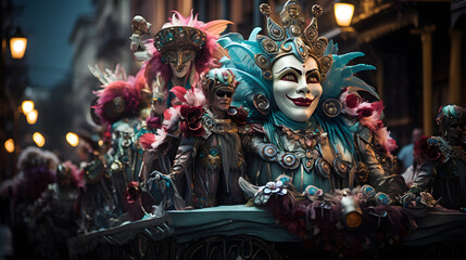 A photography of An enchanting scene of Mardi Gras floats, each representing a different theme, with royally dressed individuals leading the parade.