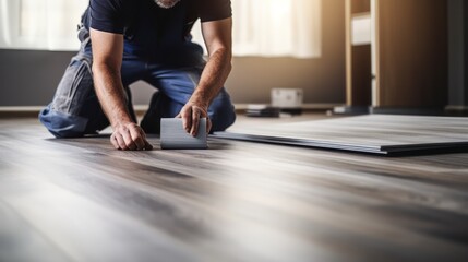 A Construction worker installing laminate flooring, room decoration design, professional technician, laminate background. - obrazy, fototapety, plakaty