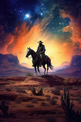Fototapeta premium Western Cowboy riding his horse at night under the milky way galaxy, AI Generated