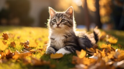 A Cute kitten playing with yellow autumn leaves at sunset. the backyard The background of the photo is a relaxing environment in the backyard.