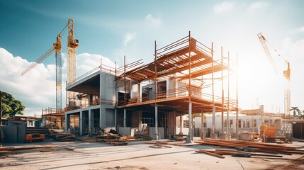 Construction background: A Construction site of large residential commercial building, some already built, large metal structure with bright sky background.