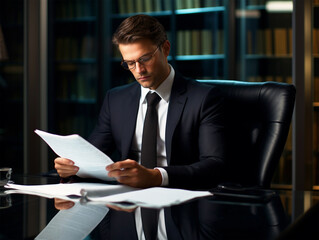 Man looking into files sitting in office chair - ai generative