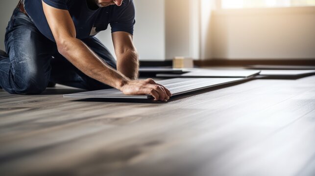 A Construction worker installing laminate flooring, room decoration design, professional technician, laminate background.