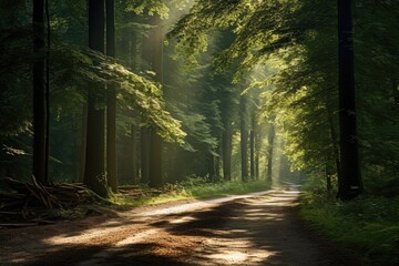 Obraz premium Atmospheric Fantasy Forest With Sun Rays And Greenery