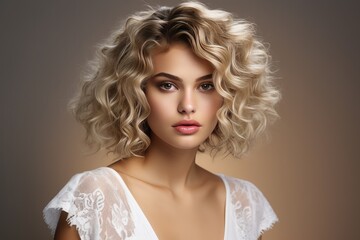 Blonde Model With Short Curly Hair, Fashion And Beauty. Сoncept Elegant Evening Gowns, Glamorous Makeup Looks, Trendy Hairstyles, Stylish Accessories, Runway Fashion