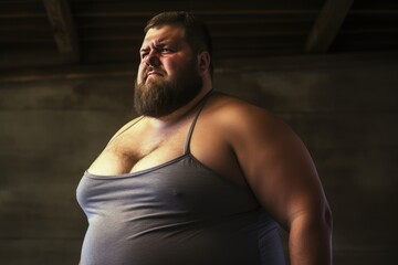 Fototapeta premium Body Positive Overweight Man With Selective Focus Big Breasts On An Unhappy Man