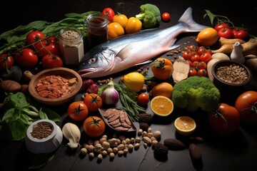 Brainboosting Nutrition Concept With Nuts, Fish, And Vegetables - obrazy, fototapety, plakaty