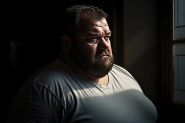 Obraz premium Big Breasts On An Unhappy Man. Overweight Man With Selective Focus