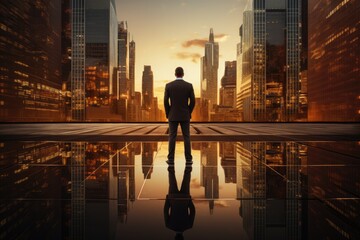 Businessman Envisioning Success Amidst City Skyscrapers At Sunset - obrazy, fototapety, plakaty
