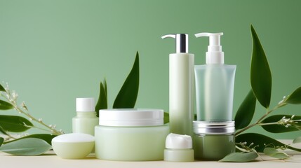 Fototapeta na wymiar A Skin care products, lotions, creams, ointments and eucalyptus on a green pastel background in a contemporary DIY style. Light green and white. Detailed leaves, plastic, recycled, pastel background.