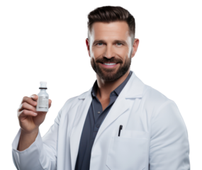 A Portrait of a cheerful handsome doctor showing and advertising a new vaccine product on a gray background.