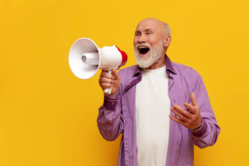 old bald grandfather in purple shirt announces information into megaphone on yellow isolated...