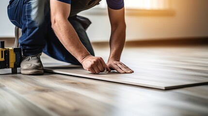 A Construction worker installing laminate flooring, room decoration design, professional technician, laminate background. - obrazy, fototapety, plakaty