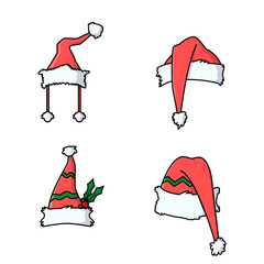 Set of Christmas hats. Vector cartoon illustrations. Isolated objects on a white background.